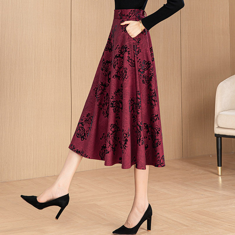 裙四季新款印花半身裙女2025春秋冬中长高腰显瘦大摆a字裙大码伞
