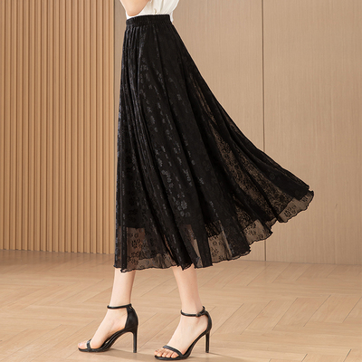 夏季黑色蕾丝显瘦大摆中长裙百搭