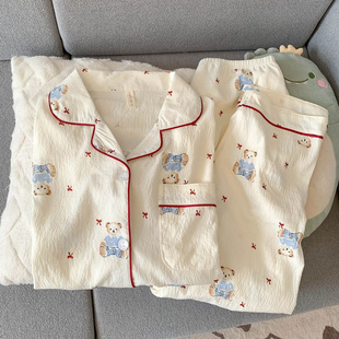 ins风日系可爱学生夏天家居服 长袖 云朵棉卡通小熊睡衣女款 春秋季