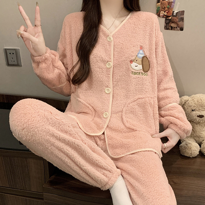 珊瑚绒睡衣女秋冬季可爱学生ins风加绒加厚法兰绒家居服粉色套装