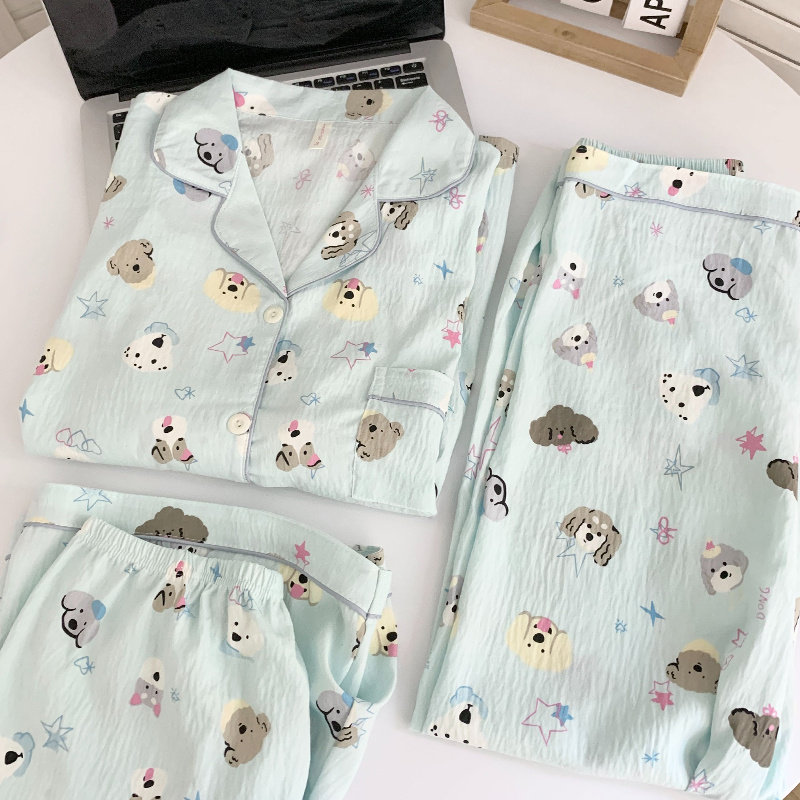 三件套薄荷小狗睡衣女款夏季短袖云朵棉卡通日系ins风夏天家居服