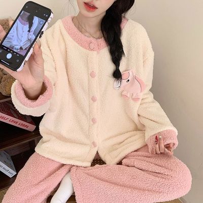 半边绒睡衣女款秋冬季加厚加绒保暖可爱河马珊瑚绒冬天家居服套装