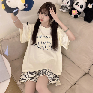 韩版 睡衣女款 短裤 带胸垫短袖 荷叶边条纹卡通可爱家居服两件套 夏季