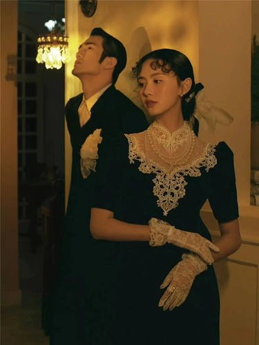 Ретро черное свадебное платье для влюбленных, французский стиль