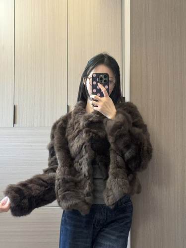 【金不换】 A级全真兔毛皮草女棕色毛毛外套短款显瘦