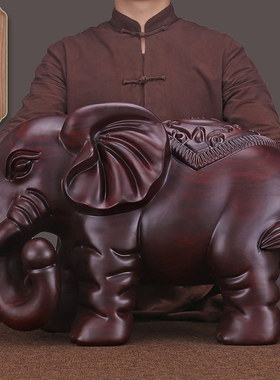 实木雕刻大象摆件一对招财象办公室家居客厅电视柜装饰木质工艺品