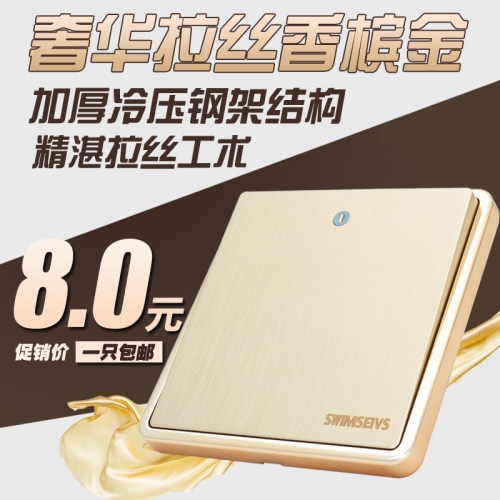 86型墙壁开关插座金色拉丝大板一开单控带荧光灯一位单联开关面板