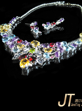 天然红蓝宝托帕石橄榄女手工银镶