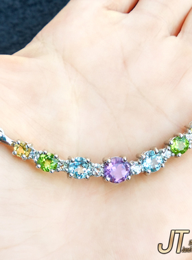 天然橄榄石托帕石紫黄水晶锁骨颈项链925银镶 女友晚宴情人节礼物