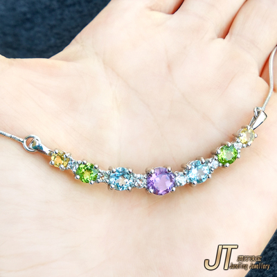 天然橄榄石托帕石紫黄水晶锁骨颈项链925银镶 女友晚宴情人节礼物