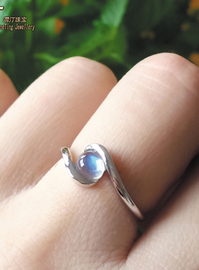 天然玻璃体蓝彩虹光月光石戒指环纯银镀金镶简约清新女生节日礼物