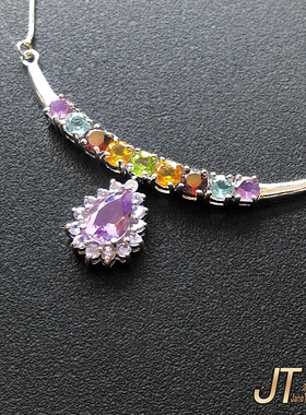 天然彩色宝石锁骨颈项链S925银镶紫黄水晶橄榄石榴托帕石轻奢女饰