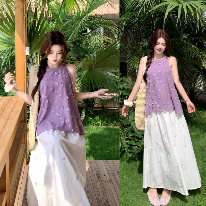 2026新款大码女装夏装无袖立体花挂脖上衣+绣花半身裙套装