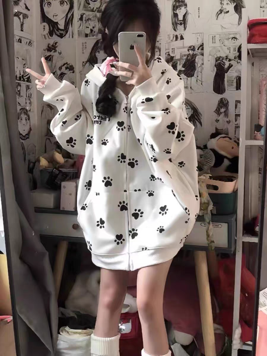 狗狗爪满印连帽卫衣外套女秋冬薄款美式慵懒chic拉链开衫上衣早秋