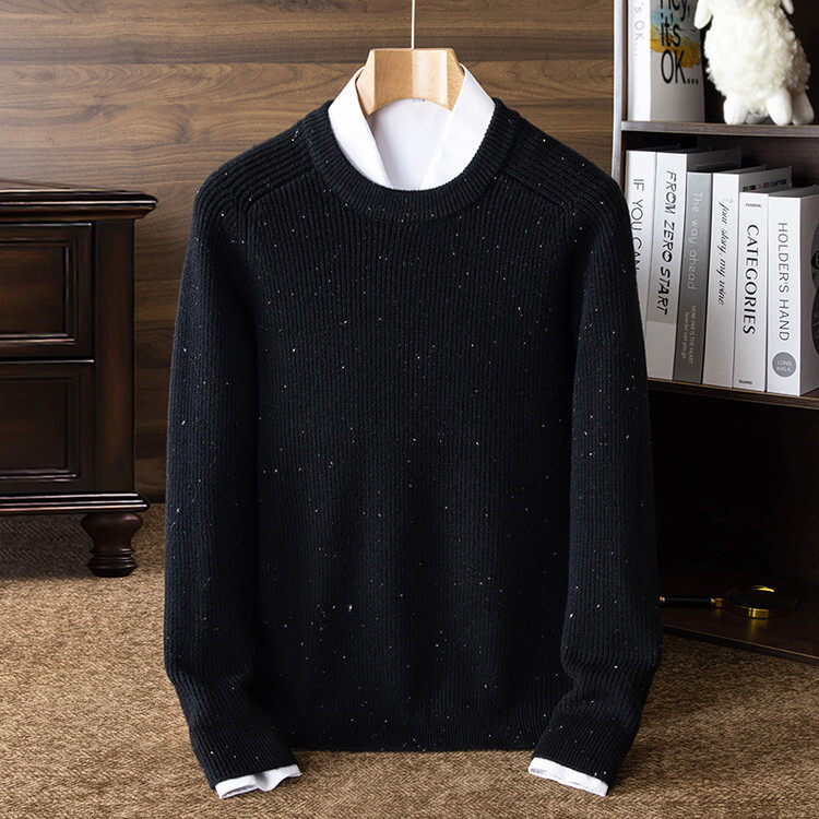 黑色圆领套头毛衣男士加厚保暖打底衫针织衫2025新款半高领羊毛衫