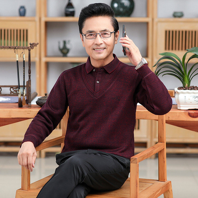 爸爸装翻领POLO衫男长袖加绒加厚保暖中老年针织衫假两件毛衣秋冬