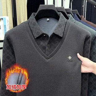 男士加绒加厚翻领POLO衫保暖打底衫深灰色长袖卫衣爸爸毛衣加厚款