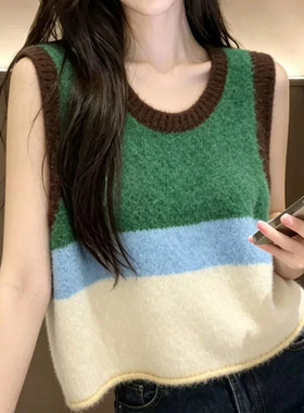 韩系撞色条纹针织马甲女秋冬软糯
