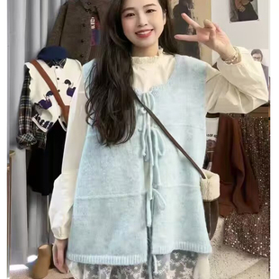 系带森系宽松慵懒风学院百搭舒适软糯纯色高级感针织衫上衣女装潮