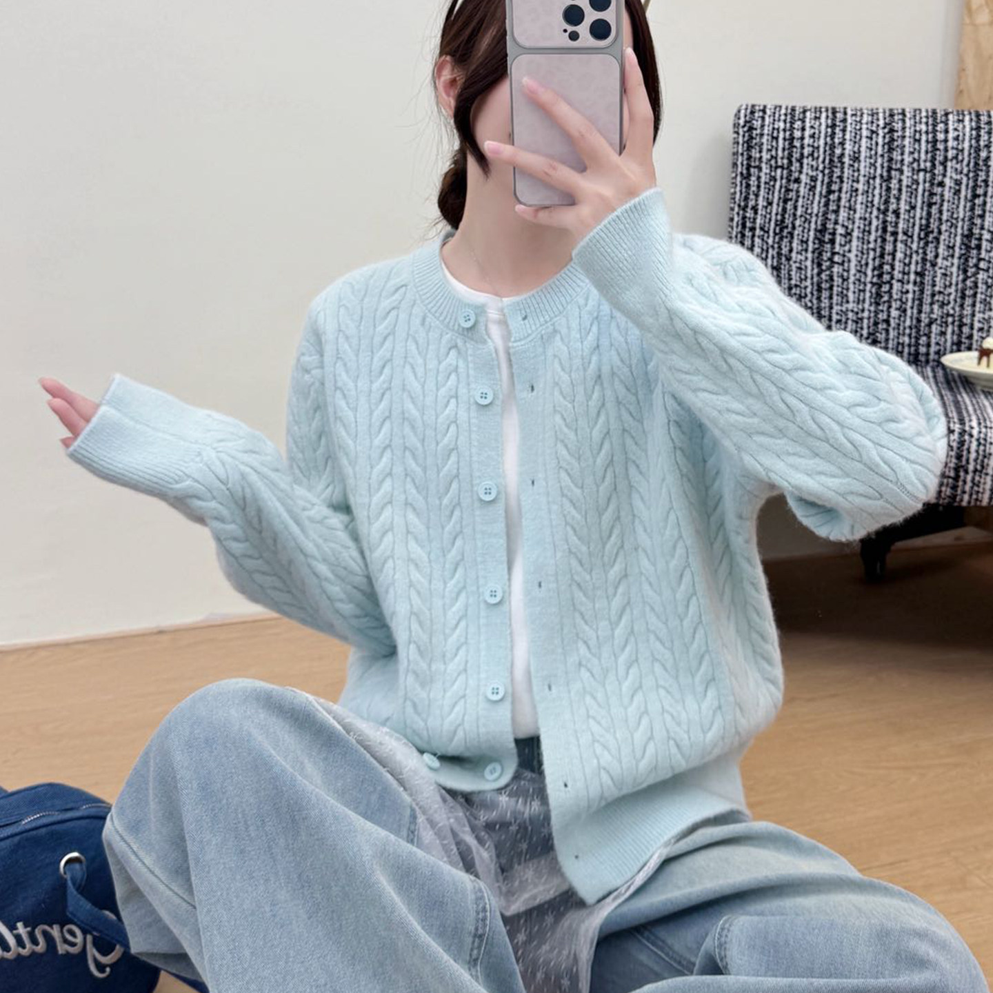 减龄温柔慵懒风蓝色麻花羊毛针织开衫女小个子宽松毛衣外套上衣秋