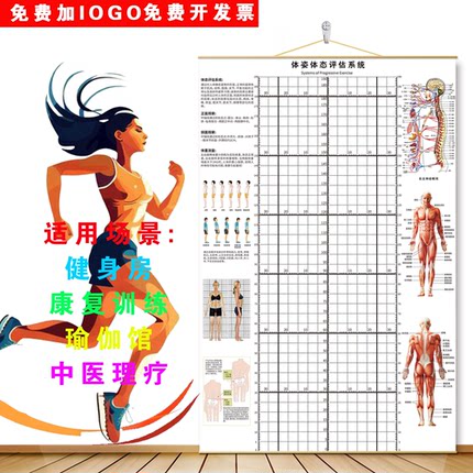 体态评估表墙纸贴式体测健身房瑜伽馆私教身体形姿矫正网格对比图