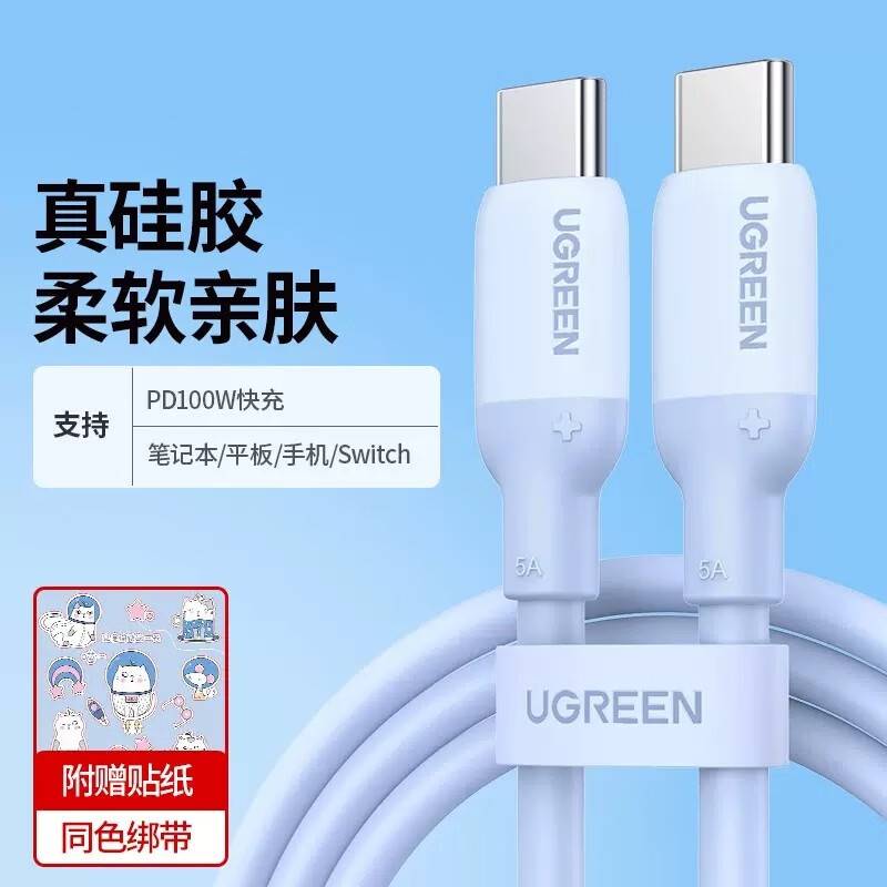 绿联 双Type-C线 PD100W快充c to c充电线5A适用iPad Pro苹果 天