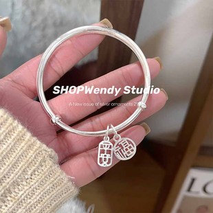 SHOPWendy 平安福牌999.9足银纯银光面推拉实心银手镯送女生礼物
