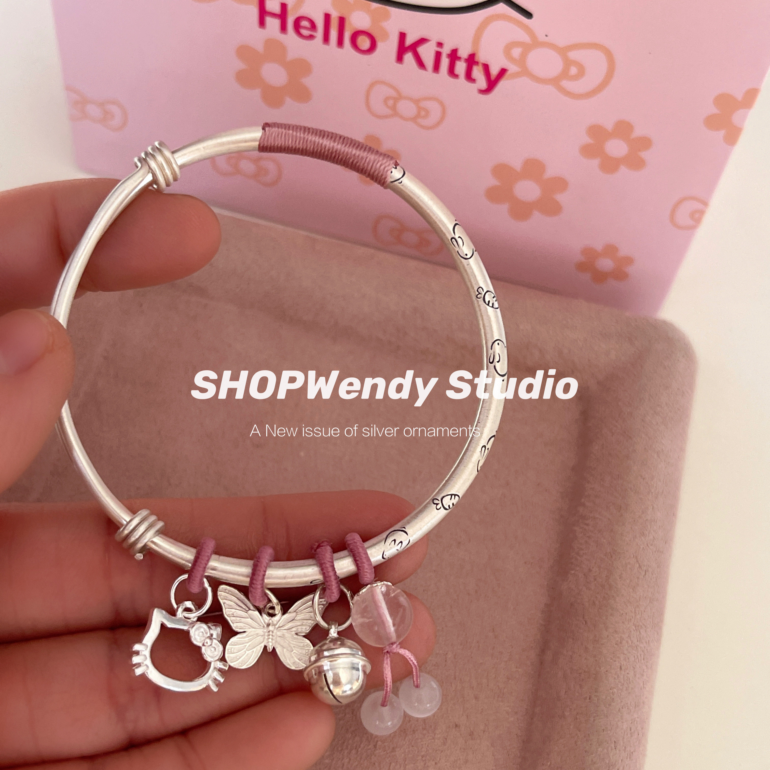 SHOPWendy | 可爱小兔kitty足银999.9纯银铃铛蝴蝶少女心实心手镯