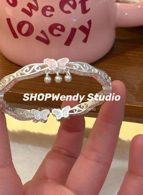 SHOPWendy | 少女心粉色蝴蝶足银999.9纯银新中式镂空花纹手镯