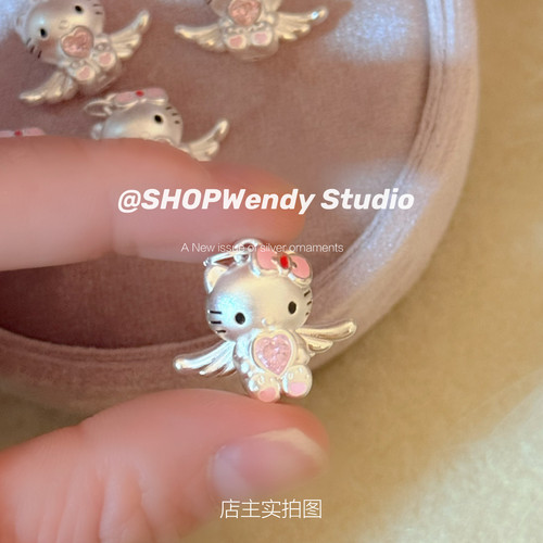足银999粉钻kitty天使蝴蝶结项链