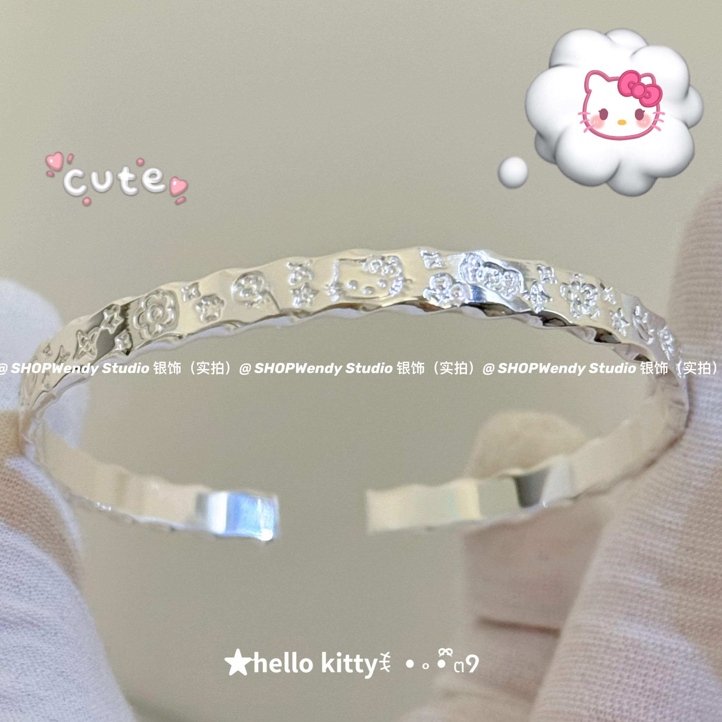 SHOPWendy | 可爱kitty猫少女心足银999.9纯银实心吉言开口手镯