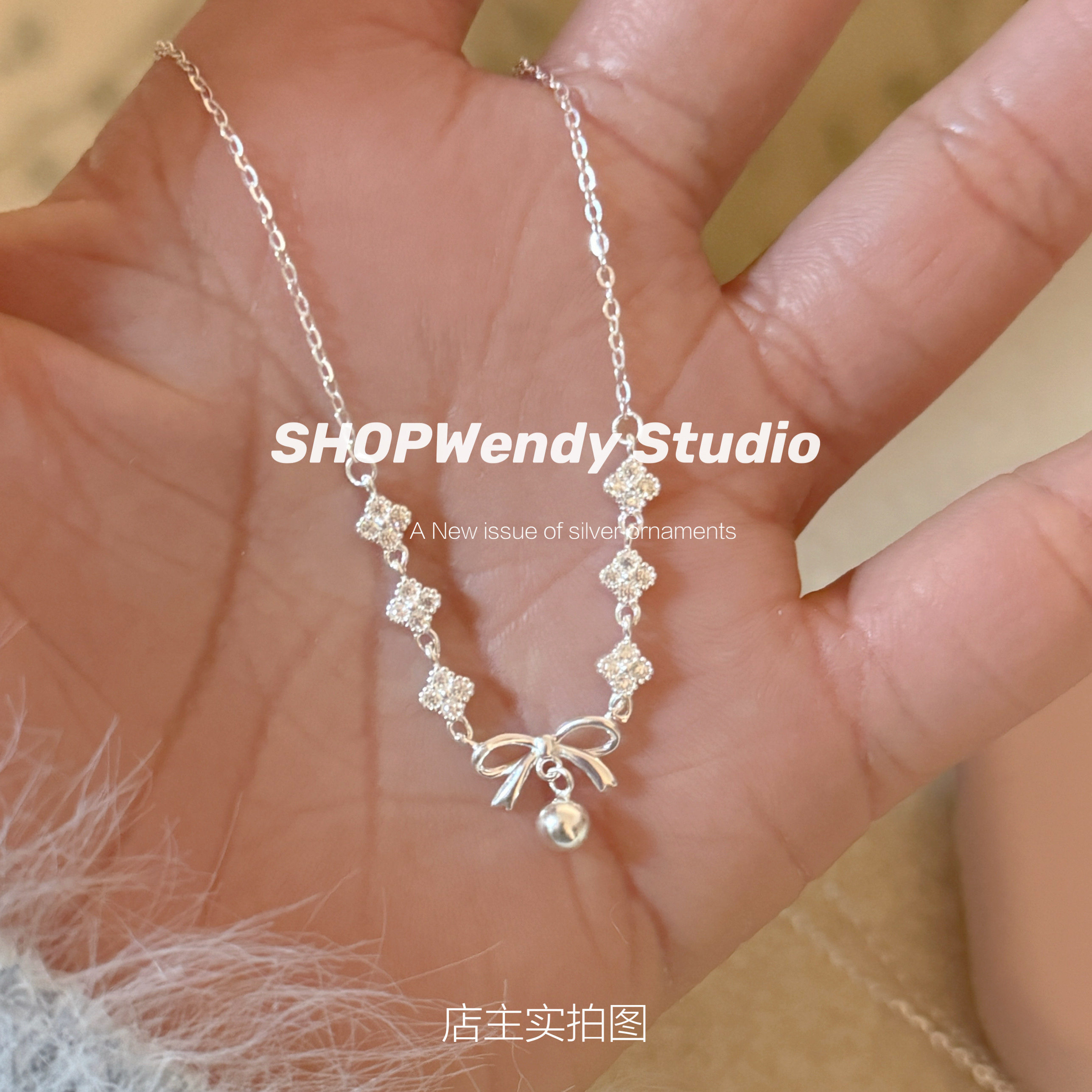 SHOPWendy「圣诞甜结」S925纯银蝴蝶结四叶花甜美项链毛衣链