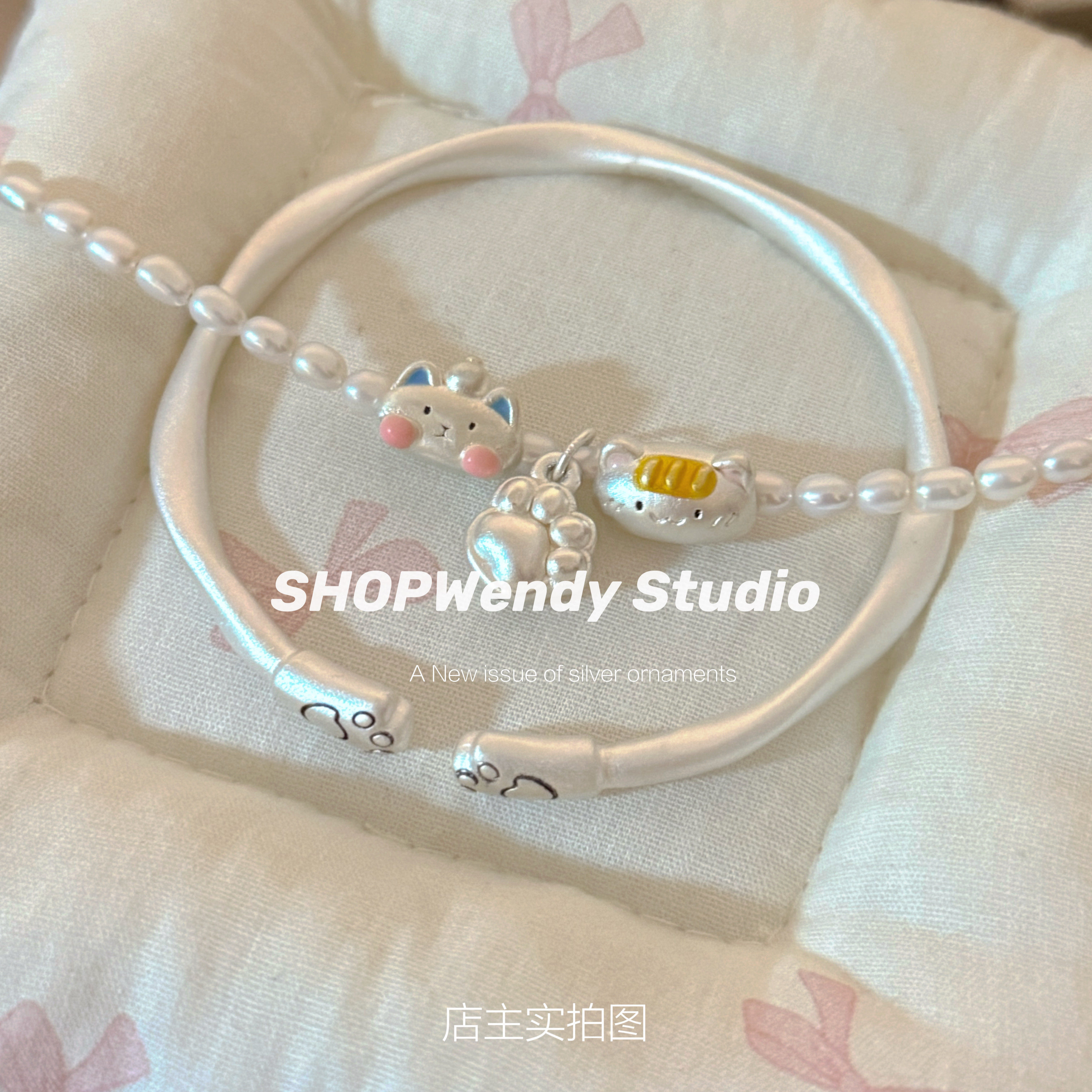 SHOPWendy | 原创足银999法棍猫天然淡水米粒珍珠少女心简约手链
