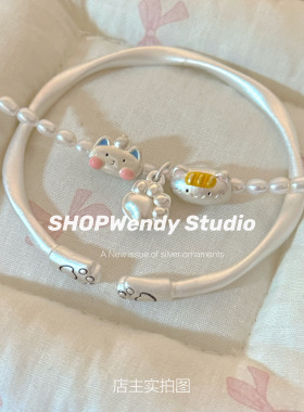 原创足银999法棍猫天然珍珠手链