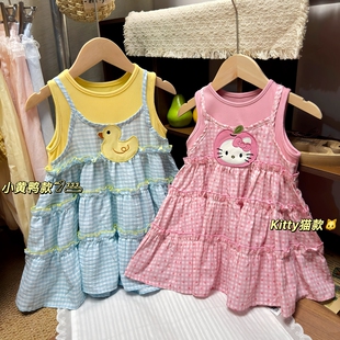 女童超可爱卡通假两件背心裙夏季新款女宝宝甜美无袖连衣裙公主裙