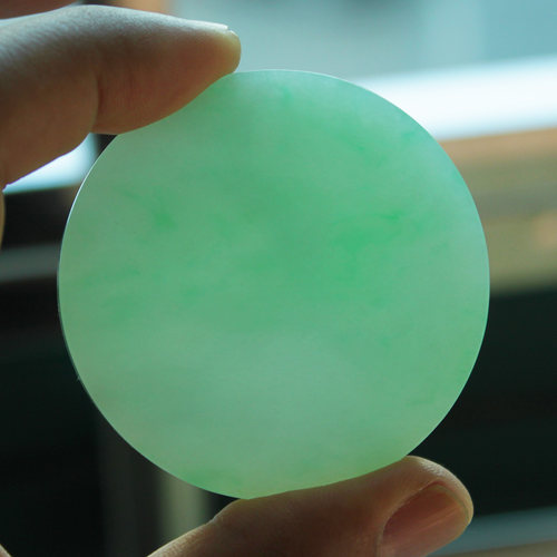 天然缅甸翡翠淡晴底大圆牌手镯心糯冰种飘绿花挂件吊坠平安无事牌