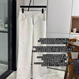 白色纹理PU皮裤 Bi入款 型 高腰宽松直筒休闲长裤 好版