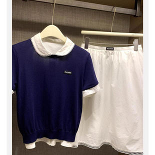 半裙套装 「高阶学院风」藏青色针织短袖 t恤白色衬衫