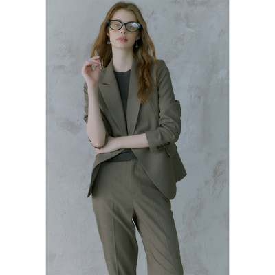 奥芝国【专GUI系列】重工手工拱针双排扣显瘦咖啡色西装套装女3色