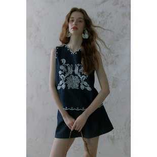 奥芝国   重工花鸟刺绣苎麻棉无袖上衣+阔腿短裤套装女两件套N