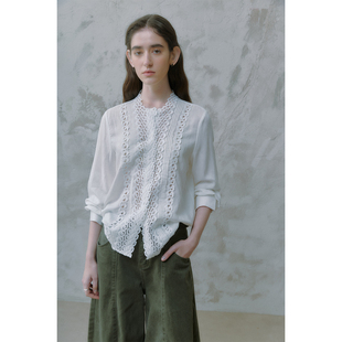 奥芝国 法式精致设计蕾丝花边拼接天丝亚麻衬衫女26早春上衣