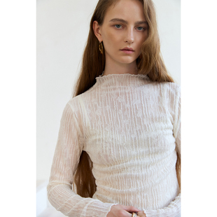 奥芝国 120S羊毛混纺美雅碧立体浮雕提花蕾丝薄款打底衫女4色小衫