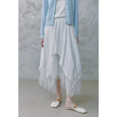 奥芝国 “风的诗行”2色层次感流苏网纱拼接不规则半裙