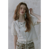 女减龄小衫 奥芝国法式 衬衫 宽松短款 领口钉珠亮片镂空刺绣泡泡袖