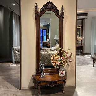 美式 公主高档衣帽间雕花试衣镜家用立体全身落地镜 实木穿衣镜欧式