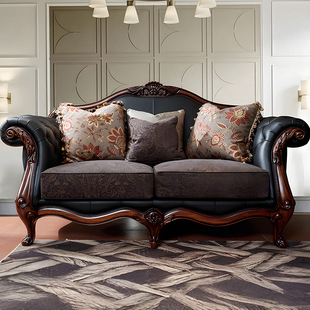 美式实木真皮沙发欧式复古雕花双人沙发客厅小户型皮质沙发组合