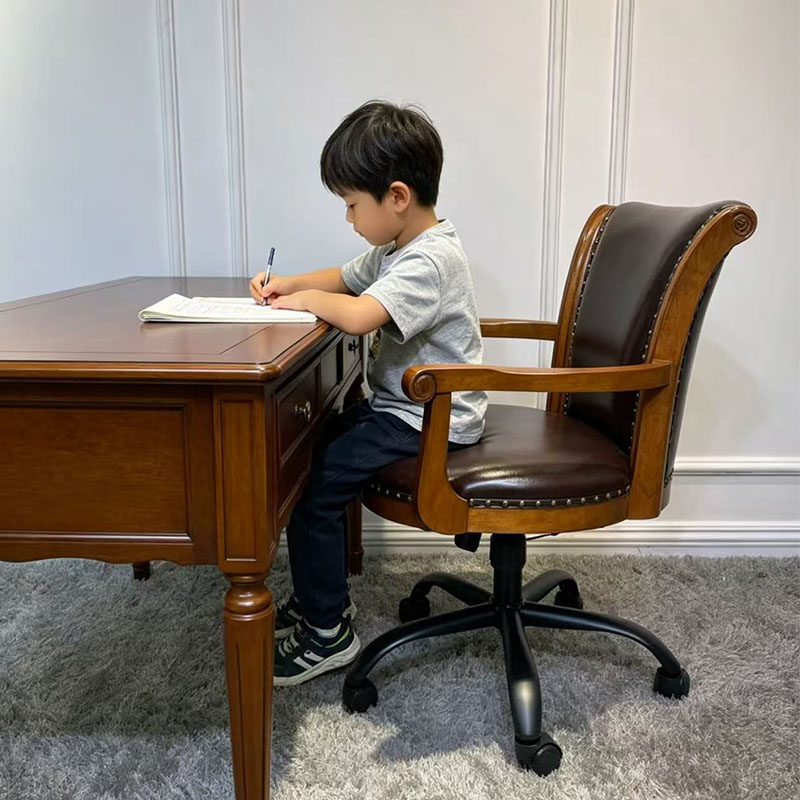 美式实木电脑椅家用学习椅可旋转皮质办公椅儿童书房椅子真皮书椅