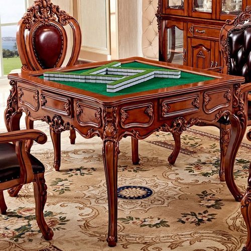 美式实木复古雕花麻将桌