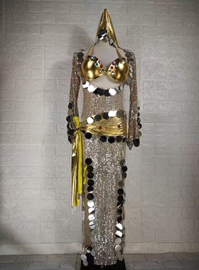 buling～闪闪惹人爱修身肚皮舞民俗，balady袍子，肚皮舞金色袍子