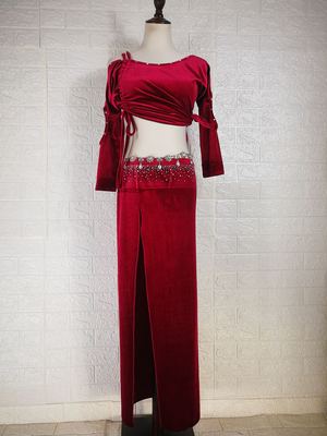 冬季恋歌，冬款酒红色金丝绒肚皮舞镶钻练功服套装定制